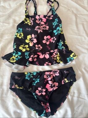 Hurley Two-Piece Swimsuit Set - Black with Pink, Yellow & Teal Flowers size 5/6